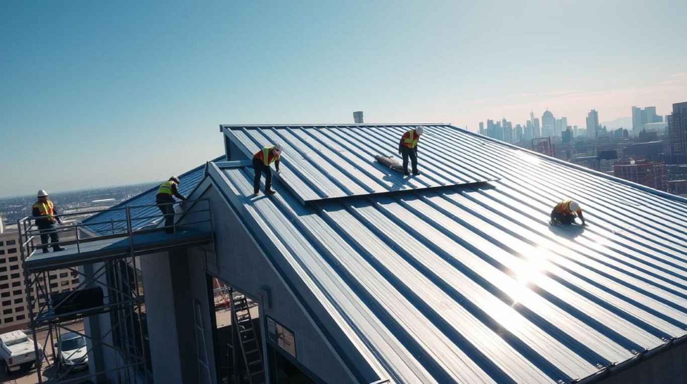 Professional roofing contractors installing commercial roof in Union City, CA